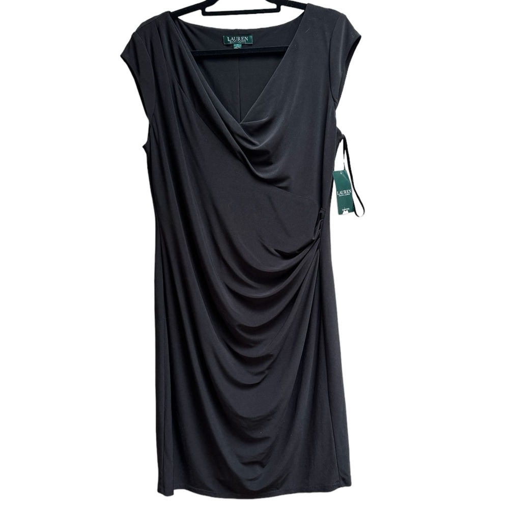 Ralph Lauren Size 14 Black Dress Stretchy Pleated Draped Curves Curve Timeless